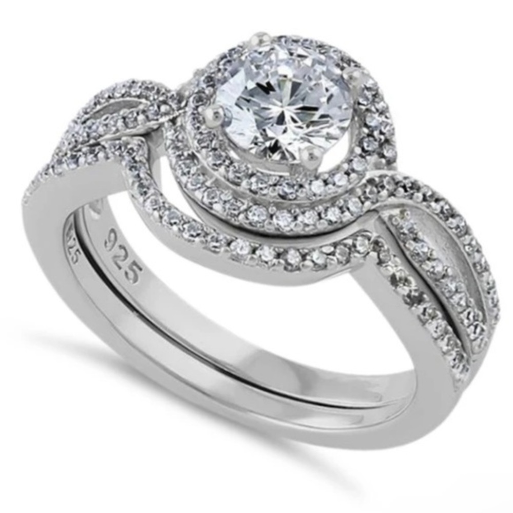 925 Sterling Silver Halo CZ Wedding Set Ring